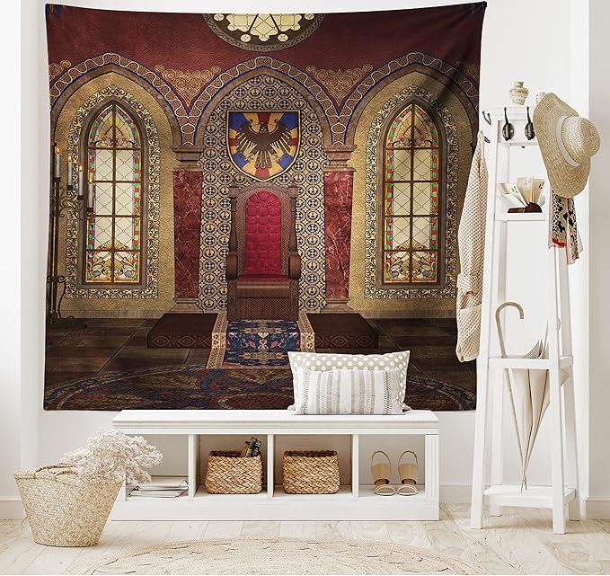 Ambesonne Gothic Tapestry, Red Medieval in Chapel Eagle Portrait on Wall Fantasy Building Print, Fabric Wall Hanging Decor for Bedroom Living Room Dorm, 28" X 23", Brown Ruby