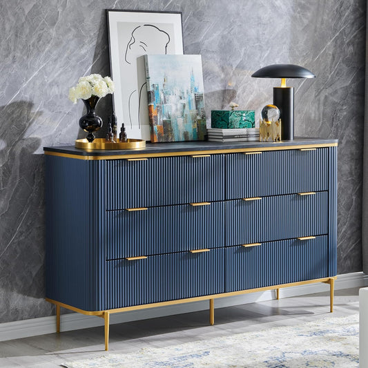 T4TREAM Fluted 6 Drawers Dresser for Bedroom, 54" Wide Modern Dresser TV Stand, Gold Accents, Fluted Fronts, Wood Storage Dressers Organizer for Bedroom, Living Room, Navy Blue