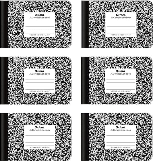 Oxford Jr. Composition Notebooks, School Supplies, Notebooks for School, Half Size, 4-7/8 x 7-1/2 Inches, Wide Ruled Paper, 80 Sheets, Kids Journal, Black Marble Covers, 6 Pack (63773)
