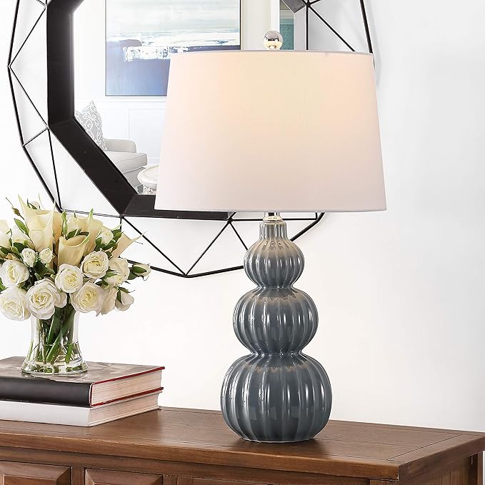 Safavieh Lighting Collection Corina Grey Triple Gourd Ceramic 26-inch Bedroom Living Room Home Office Desk Nightstand Table Lamp (LED Bulb Included)