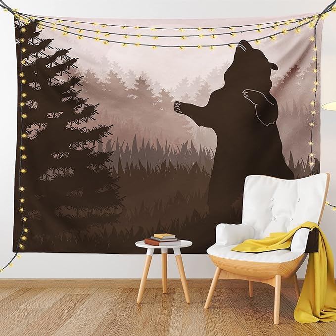 Ambesonne Nature Tapestry, Silhouette of Wild Bear in the Jungle Woodland at Dark Night Illustration, Fabric Wall Hanging Decor for Bedroom Living Room Dorm, 28" X 23", Army Green Pale Peach