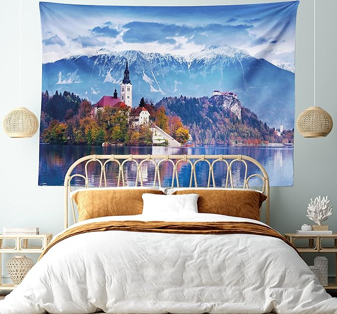 Ambesonne Landscape Tapestry King Size, Photo of Bled in Slovenia with Lake Snowy Mountains and a Castle Pastoral Scenery, Wall Hanging Bedspread Bed Cover Wall Decor, 104" X 88", Blue Lavender