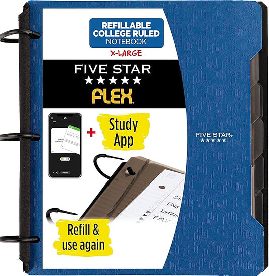 Five Star Flex Refillable Notebook + Study App, College Ruled Paper and 1-1/2 Inch TechLock Ring Binder with Pockets, Tabs and Dividers, 300 Sheet Capacity, Pacific Blue (29324AD2)