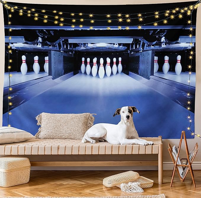 Ambesonne Bowling Party Tapestry Twin Size, Symmetrical Bowling Pins on an Empty Alley Hobby Fun Challenge Theme, Wall Hanging Bedspread Bed Cover Wall Decor, 68" X 88", Blue White Red