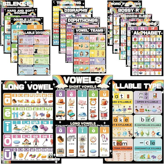 YIYDONG 16 Phonics Posters for Classroom - Learning Posters for Sound Wall Phonics Digraphs Blends Syllable Types Vowel Sounds Poster for Kindergarten, Elementary, Homeschool Supplies (Black)