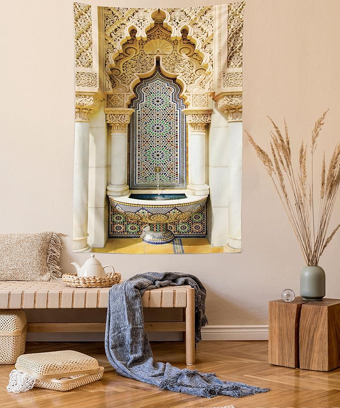 Ambesonne Moroccan Tapestry Queen Size, Vintage Building Design Art Historic Exterior Facade with Mosaic Print, Wall Hanging Bedspread Bed Cover Wall Decor, 88" X 88", Ivory Pale Brown Blue