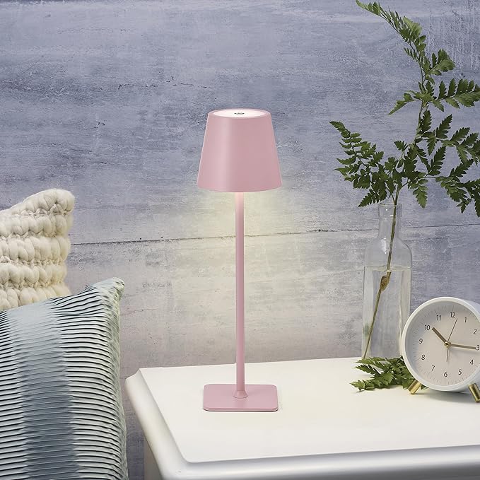 Mikasa LED Cordless Metal Table Lamp, Portable & Rechargeable 5,000 mAh Battery, 3-Color Stepless Dimming, Modern Pink Accent Light for Desk or Nightstand, 4.25 x 4.25 x 14.8 Inches