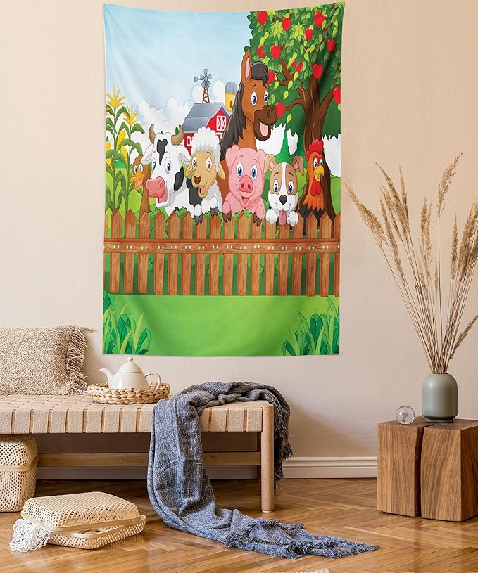 Ambesonne Cartoon Tapestry Queen Size, Composition Farm Animals on Fence Comic Mascots Dog Cow Horse Design, Wall Hanging Bedspread Bed Cover Wall Decor, 88" X 88", Green Multicolor