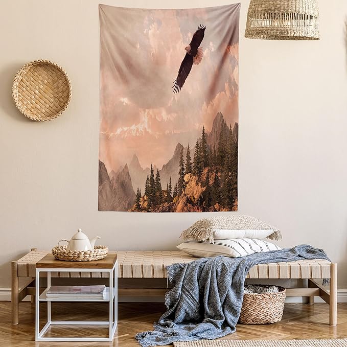 Ambesonne Eagle Tapestry, Nature Photography of Rocky Mountains and Forest a Bird Flying over It, Fabric Wall Hanging Decor for Bedroom Living Room Dorm, 23" X 28", Rose Green