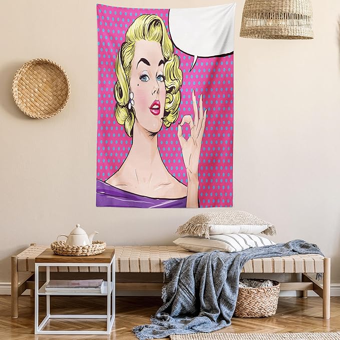 Ambesonne Vintage Tapestry, Pop Art Blonde Woman Making OK Sign on Dotted Background Retro Comic Book Design, Fabric Wall Hanging Decor for Bedroom Living Room Dorm, 23" X 28", Pink Blue