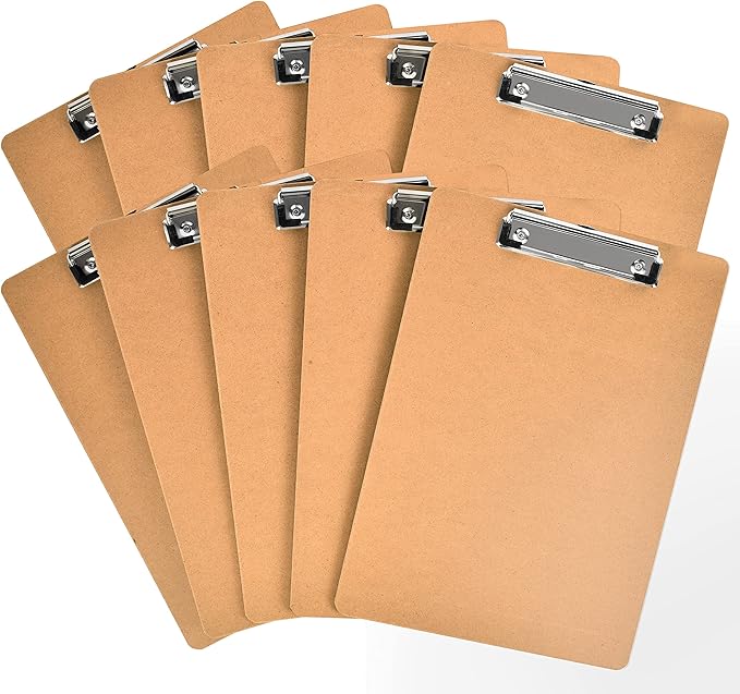 HappyHapi 10 Pack Clipboard 8.5 x 11 Letter Size Clip Boards Bulk, A4 Wooden Hardboard Office Clipboards Pack for Classroom, Work-Meetings, Brown