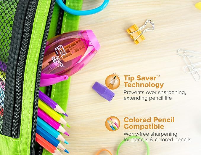 Bostitch Office Pencil Sharpener, Manual, Twist-n-Sharp with Shavings Tray, Kids, Boys, Girls, Colored Pencils, 3-Pack, Blue, Orange, Pink
