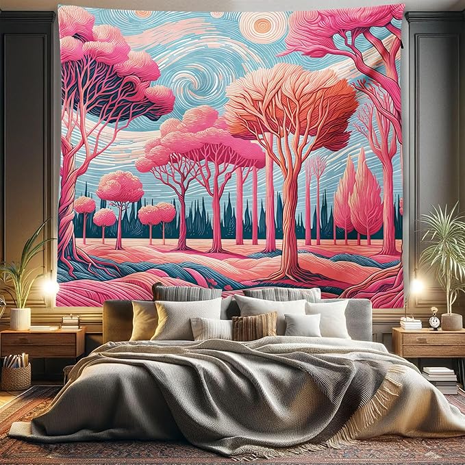 Ambesonne Trees Tapestry King Size, Surreal Post-Impressionism Themed Woodland of Dreamy Sky and Tree Pattern, Wall Hanging Bedspread Bed Cover Wall Decor, 104" X 88", Pink Coral Blue Grey