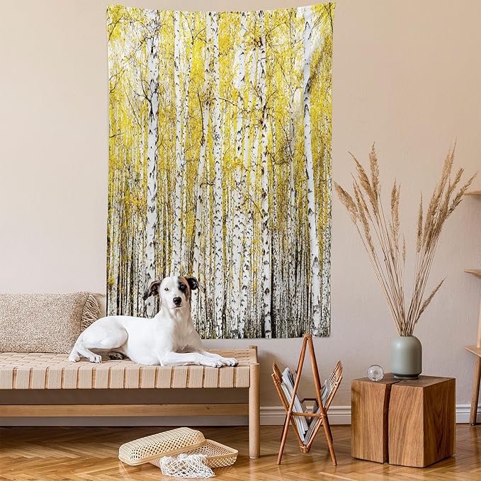 Ambesonne Forest Tapestry, Autumn Birch Forest Golden Yellow Leaves Woodland October Seasonal Nature Picture, Wall Hanging for Bedroom Living Room Dorm Decor, 60" X 80", Yellow Grey