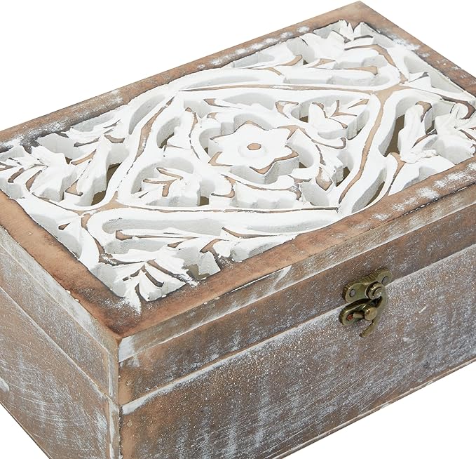 Deco 79 Wood Floral Handmade Decorative Box Decorative Keepsake Boxes with Hinged Lid, Set of 3 Storage Boxes 12", 11", 9"W, Brown