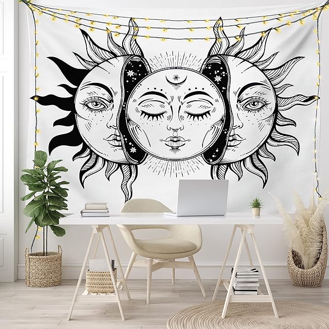 Ambesonne Moon Tapestry, Monochrome Sun and Moon Pattern Oriental Image Culture Inspired Design Print, Fabric Wall Hanging Decor for Bedroom Living Room Dorm, 23" X 28", White Black