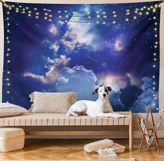 Ambesonne Space Tapestry, Magic Sky View with Star and Clouds Celestial Colorful World Cosmic Expanse Theme, Fabric Wall Hanging Decor for Bedroom Living Room Dorm, 30" X 45", White and Blue