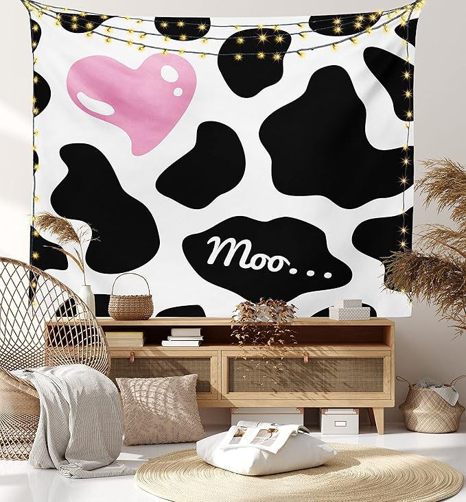 Ambesonne Cow Print Tapestry, Camouflage Hide Skin Pattern in Pastel Color Shades Heart Shape Moo, Wall Hanging for Bedroom Living Room Dorm Decor, 40" X 60", Pink Black White