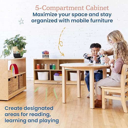 ECR4Kids 5-Compartment Mobile Storage Cabinet, Toddler, Classroom Furniture, Natural