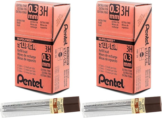 Pentel Super Hi-Polymer Lead, 0.3mm, Extra Fine, 3H, 12 pcs/Tube, Box of 12 (300-3H) (Pack of 2)
