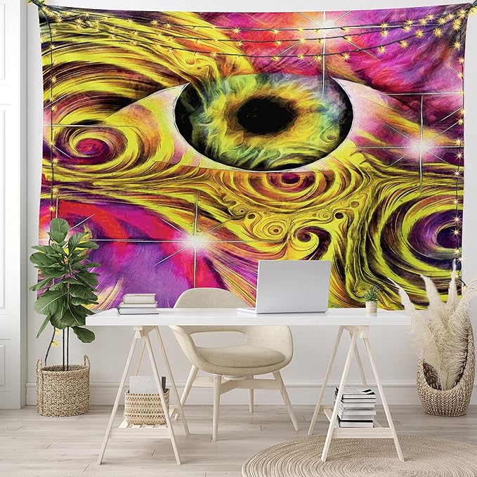 Ambesonne Psychedelic Tapestry, Hippie Hallucinatory Eye in Vivid Colors with Optical Swirl Lines Graphic, Fabric Wall Hanging Decor for Bedroom Living Room Dorm, 28" X 23", Fuchsia Yellow