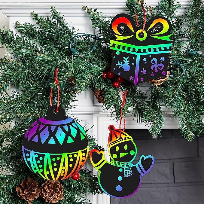 JOYIN 72 Pcs Christmas Scratch Art Ornaments, Rainbow Color Scratch Paper Craft Kit Include Snowman, Christmas Tree, and Reindeer, Scratch Off Hanging Ornament for Kids Party Favor