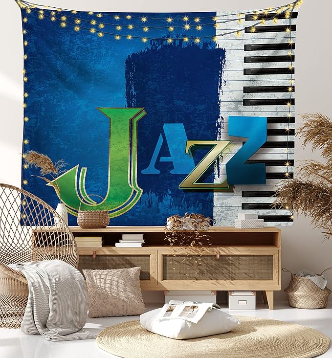 Ambesonne Jazz Music Tapestry King Size, Abstract Cracked Background Piano Keys Themed Print Rhytym Image, Wall Hanging Bedspread Bed Cover Wall Decor, 104" X 88", Navy Green White