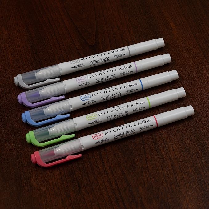 Zebra Pen, Mildliner Dual-Ended Brush Pens, Cool and Refined Color Palette, 5 Assorted Colors, Brush and Fine Tips, No Bleed-Through Ink for Calligraphy, Journaling, Planners, 5-Pack (79205)