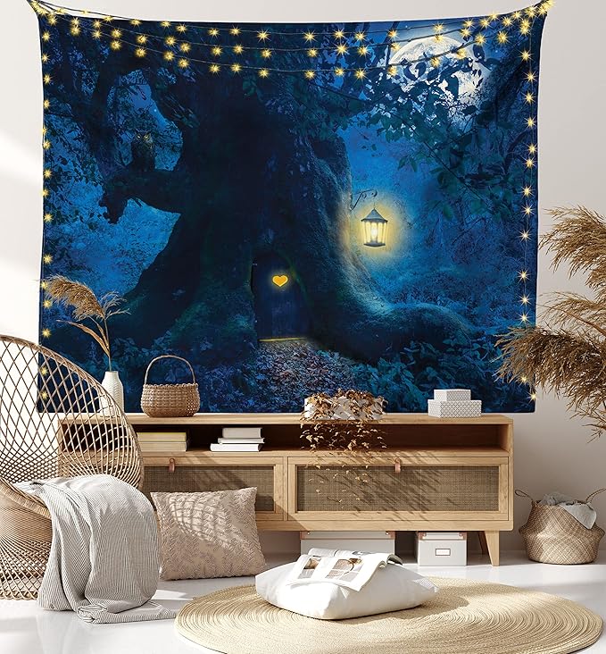 Ambesonne Fantasy Tapestry, Night with a Little Home in The Trunk of an Tree in The Woods Print, Fabric Wall Hanging Decor for Bedroom Living Room Dorm, 30" X 45", Navy Blue