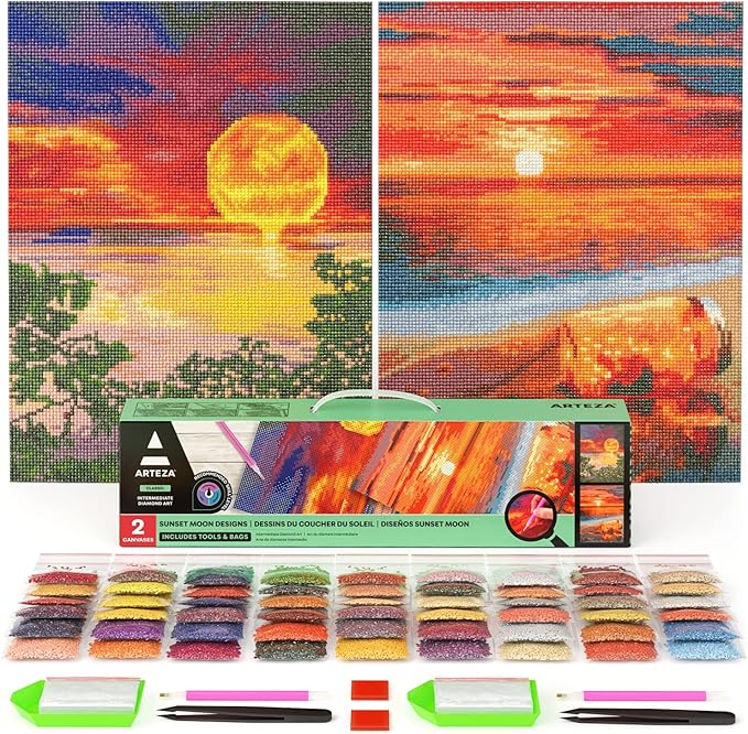 ARTEZA 5D Diamond Painting Kit, 2 Pack, Sunset Moon Designs, Full-Drill Diamond Art for Adults, 12 x 16 Inches Canvases, Round Rhinestones, Diamond Painting Accessories, Bead Arts Crafts Supplies
