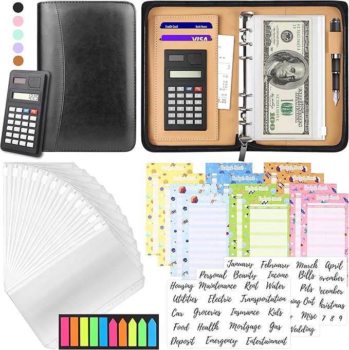 Budget Binder with Zipper Envelopes, Cash Envelopes for Budgeting, A6 PU Leather Budget Planner 2026 with Cash Envelopes Calculator, Bill Money Organizer for Cash Saving Budget System Wallet
