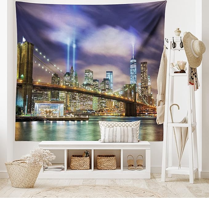 Ambesonne Landscape Tapestry, Manhattan Skyline with Brooklyn Bridge and Towers in NYC United States America, Fabric Wall Hanging Decor for Bedroom Living Room Dorm, 28" X 23", Purple Green