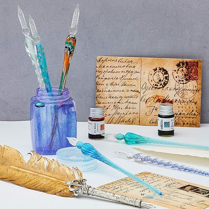 Zonon 6 Pieces Handmade Glass Dip, Crystal Glass Signature Calligraphy Vintage Dip Ink Pen Borosilicate Present Pen for Writing Drawing Decoration(Stylish Color,Bright Style)