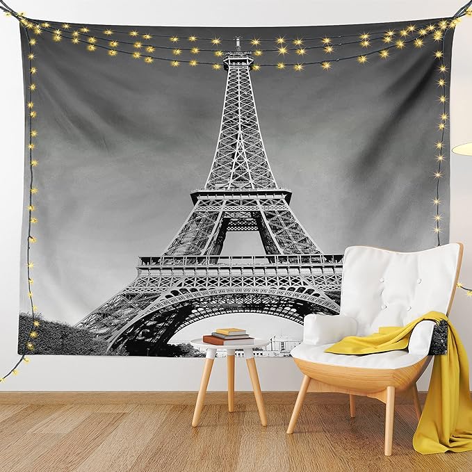 Ambesonne Eiffel Tower Tapestry, Paris Landmark Monochrome Picture of Cityscape European Urban Famous Place Image, Fabric Wall Hanging Decor for Bedroom Living Room Dorm, 30" X 45", Grey