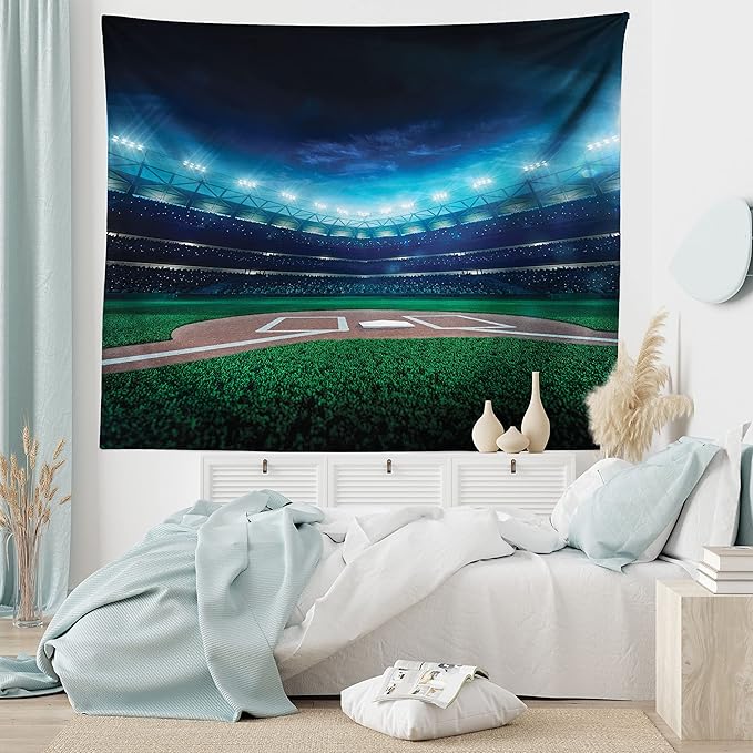 Ambesonne Baseball Tapestry, Professional Baseball Field at Night Vibrant Playground Stadium League Theme Print, Fabric Wall Hanging Decor for Bedroom Living Room Dorm, 45" X 30", Navy Green