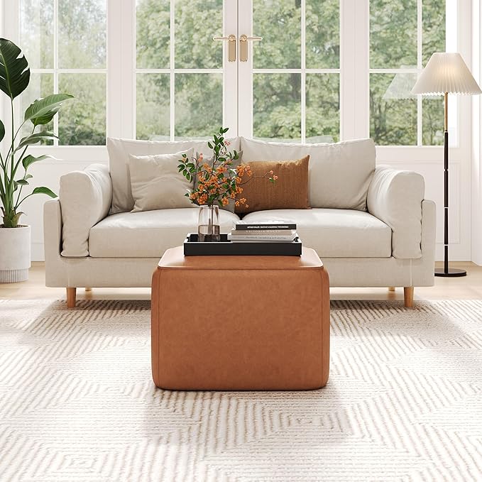 Christopher Knight Home Ellis Faux Leather Pouf Ottoman Foot Rest, Square PU Pouffe Ottoman Footstool, Living Room Sofa Couch Extra Seat, Modern Coffee Table for Home Office Bedroom, Tan Brown