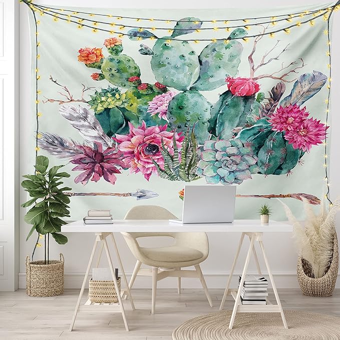 Ambesonne Cactus Tapestry, Spring Garden Boho Style Bouquet of Thorny Plants Blossoms Arrows Feathers, Wide Wall Hanging for Bedroom Living Room Dorm, 60" X 40", Rose Green Brown
