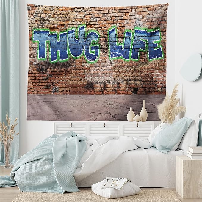 Ambesonne Thug Life Tapestry, Graffiti Style Words on a Brick Wall Street Urban Art Hip Hop Rap Culture Theme, Fabric Wall Hanging Decor for Bedroom Living Room Dorm, 28" X 23", Brown Blue