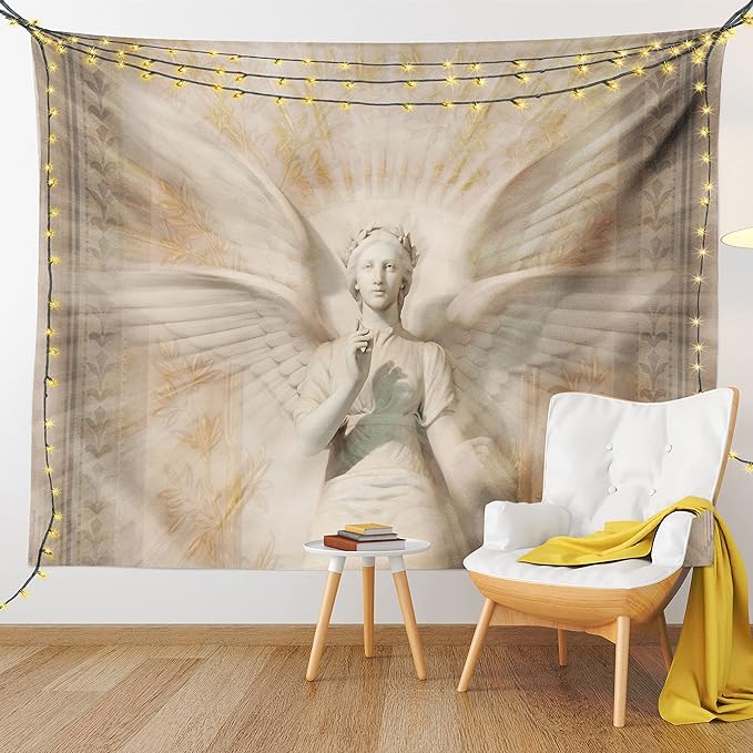 Ambesonne Retro Tapestry, Angel Woman in Medieval Site Vintage Style Mythical Design, Wall Hanging for Bedroom Living Room Dorm Decor, 60" X 80", Yellow White