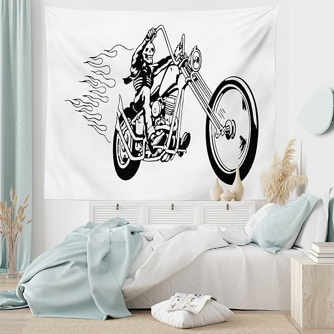Ambesonne Motorcycle Tapestry, Cool and Dangerous Flaming Death Ride Fearless Skeleton Fantasy Items, Fabric Wall Hanging Decor for Bedroom Living Room Dorm, 45" X 30", Charcoal Grey White