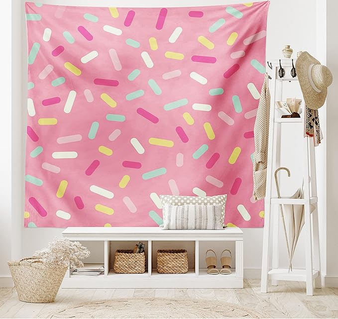 Ambesonne Pink and White Tapestry, Abstract Pattern of Colorful Donut Sprinkles Tasty Food Bakery Theme, Fabric Wall Hanging Decor for Bedroom Living Room Dorm, 45" X 30", Pink Yellow