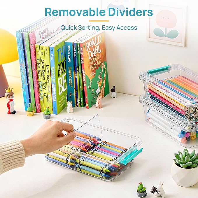 Vtopmart 4 Pack Clear Pencil Box, Plastic Pencil Holder with Removable Divider for Pen Organizer, Stackable Containers with Lid for Pen, Art Craft, Sticker, Scrapbook & Office Supplies