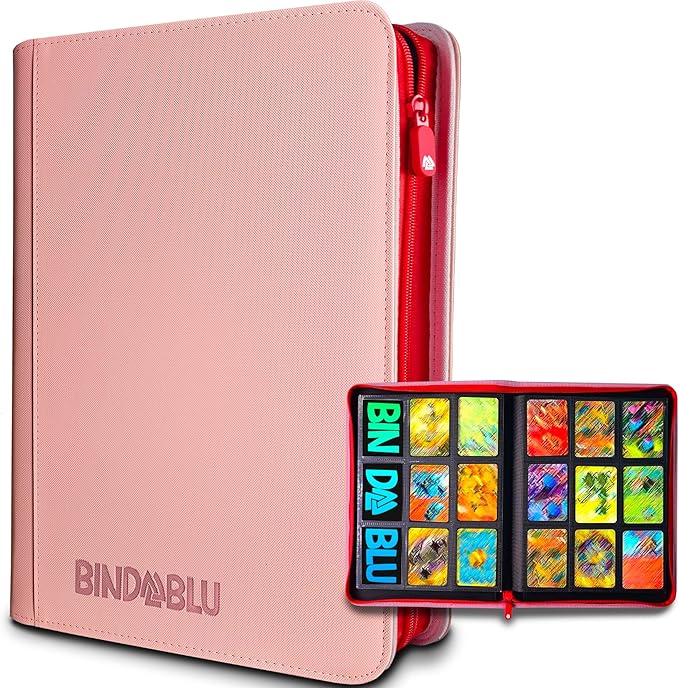 9 Pocket Trading Card Zip Binder - 360 Side Loading Pocket Binder for Colletible Games, Sport, TCG - Trading Card Binder - Gift Card holder for Boys and Girls - Pink card binder