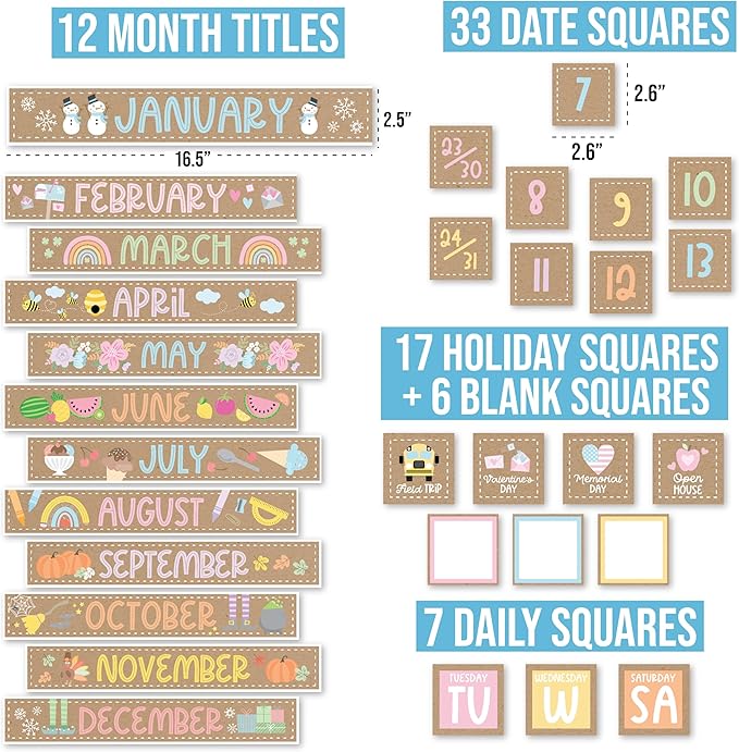 Hadley Designs Classroom Calendar Set Bulletin Board Decorations - School Calendar for Classroom Elementary, Preschool Must Haves, Homeschool & Daycare Essentials, Kraft Teacher Calendars