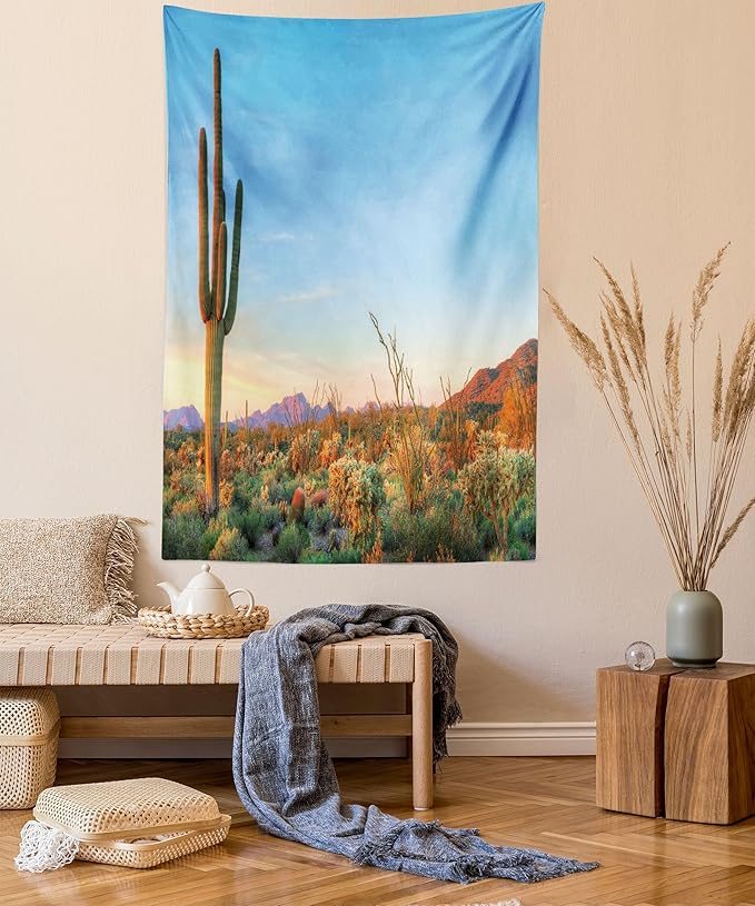 Ambesonne Saguaro Tapestry, Sun Goes down in Desert Prickly Pear Cactus Southwest Texas National Park, Fabric Wall Hanging Decor for Bedroom Living Room Dorm, 23" X 28", Orange and Blue