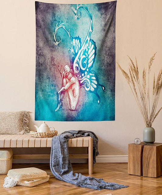 Ambesonne Butterfly Tapestry, with Butterfly Wings Renewal Female Rebirth Psyche Lightness of Being, Wall Hanging for Bedroom Living Room Dorm Decor, 60" X 80", Blue Purple
