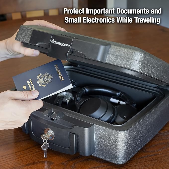 SentrySafe Fireproof and Waterproof Safe, Black Portable Lock Box with Key Lock and Carrying Handle for Money, Passport, Exterior: 14.3 in W x 13 in D x 6.1 in H, ‎H0100