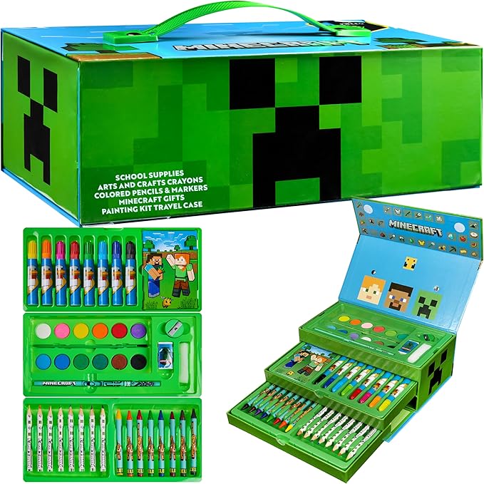 Minecraft Colored Pencils Art Supplies Set Crayons Watercolor Paints Colored Markers Coloring Drawing Kit Creeper Art Set Case Gamer Gifts for Boys