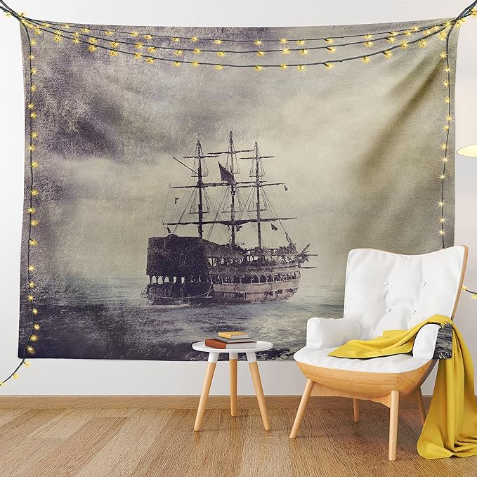 Ambesonne Nautical Tapestry Queen Size, Old Pirate Ship in the Sea Historical Cruise Retro Voyage Grunge Style Art, Wall Hanging Bedspread Bed Cover Wall Decor, 88" X 88", Tan Plum