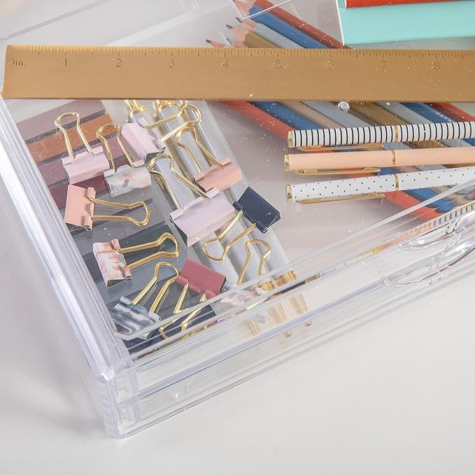 Martha Stewart Brody Desk Organizer with 2 Drawers, Stackable Plastic Desk Storage Box, Organizer for Office, Bathroom, Countertop or Dorm, 12.75" x 7.75", Clear